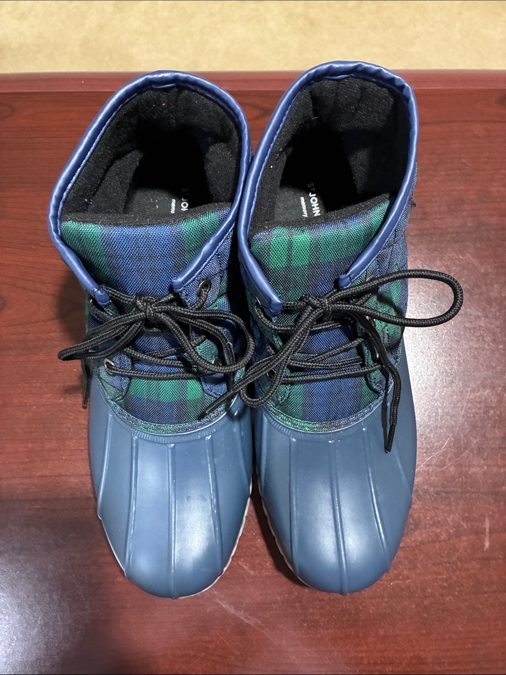 St. John's Bay Navy Blue Rubber Duck Boots with Green-Blue Plaid Upper